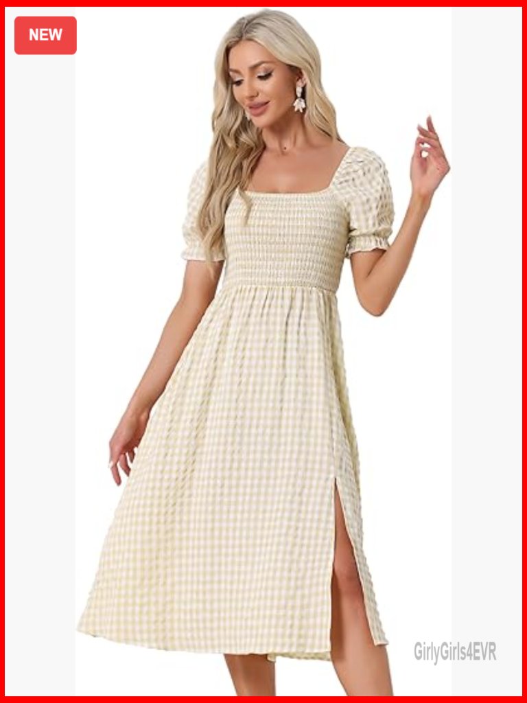 Smocked Gingham Puff Sleeve Midi Dress Square Neck Fit And Flare